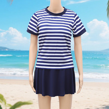 夏季速干条纹圆领百搭两件套泳衣保守显瘦遮肚分体两件套泳衣批发