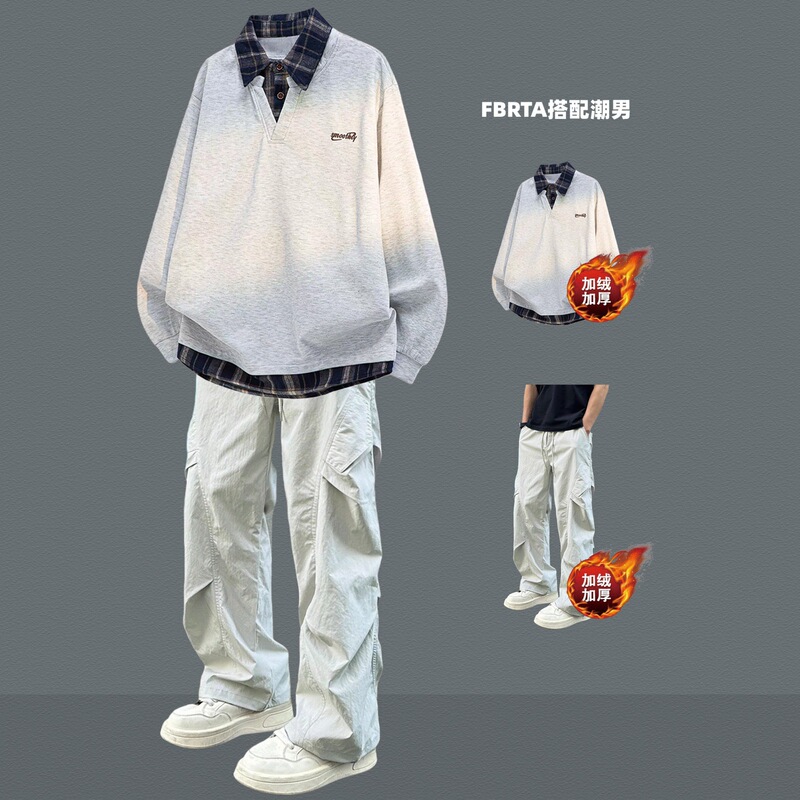 Trendy Boys' Autumn and Winter Casual Suit Plaid Collar Fleece-Lined Sweatshirt Junior and High School Students' Height-Enhancing Thickened Two-Piece Set Trendy Boys' Autumn and Winter Casual Suit Plaid Collar Fleece-Lined Sweatshirt Junior and High School Students' Height-Enhancing Thickened Two-Piece Set