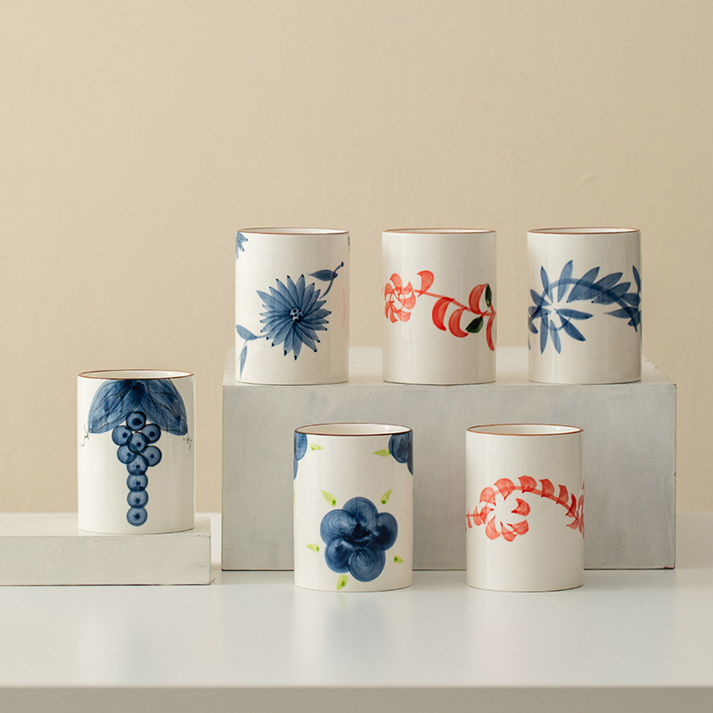 Jiutian Burned Ceramic Hand-painted Cup High Color Value Large Capacity Water Cup Underglaze Color Tea Cup Small Fresh Drink Cup