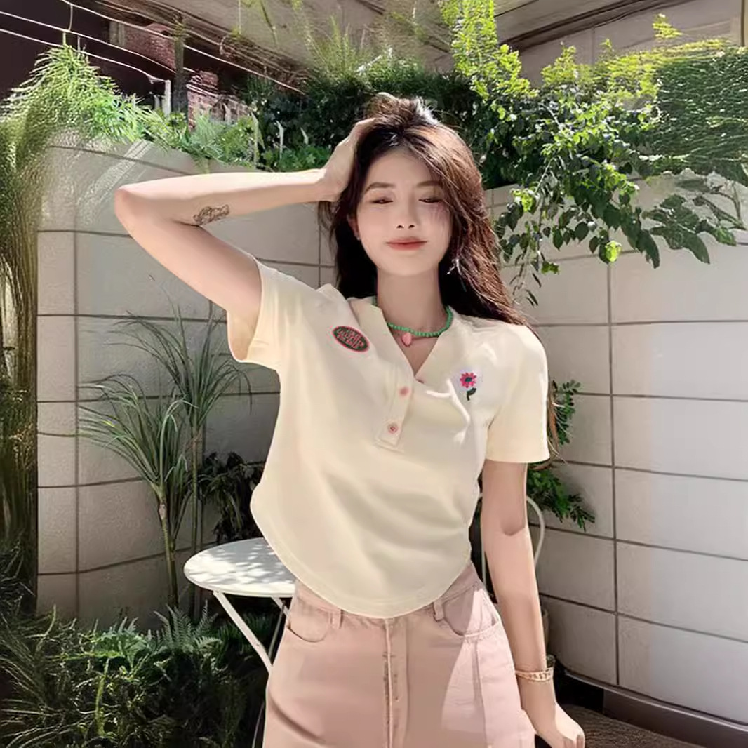 Slim-fit Shoulder Short-sleeved T-shirt Women's Design Sense V-neck Embroidery Summer Fresh Sweet Short Niche Chic Trendy Top