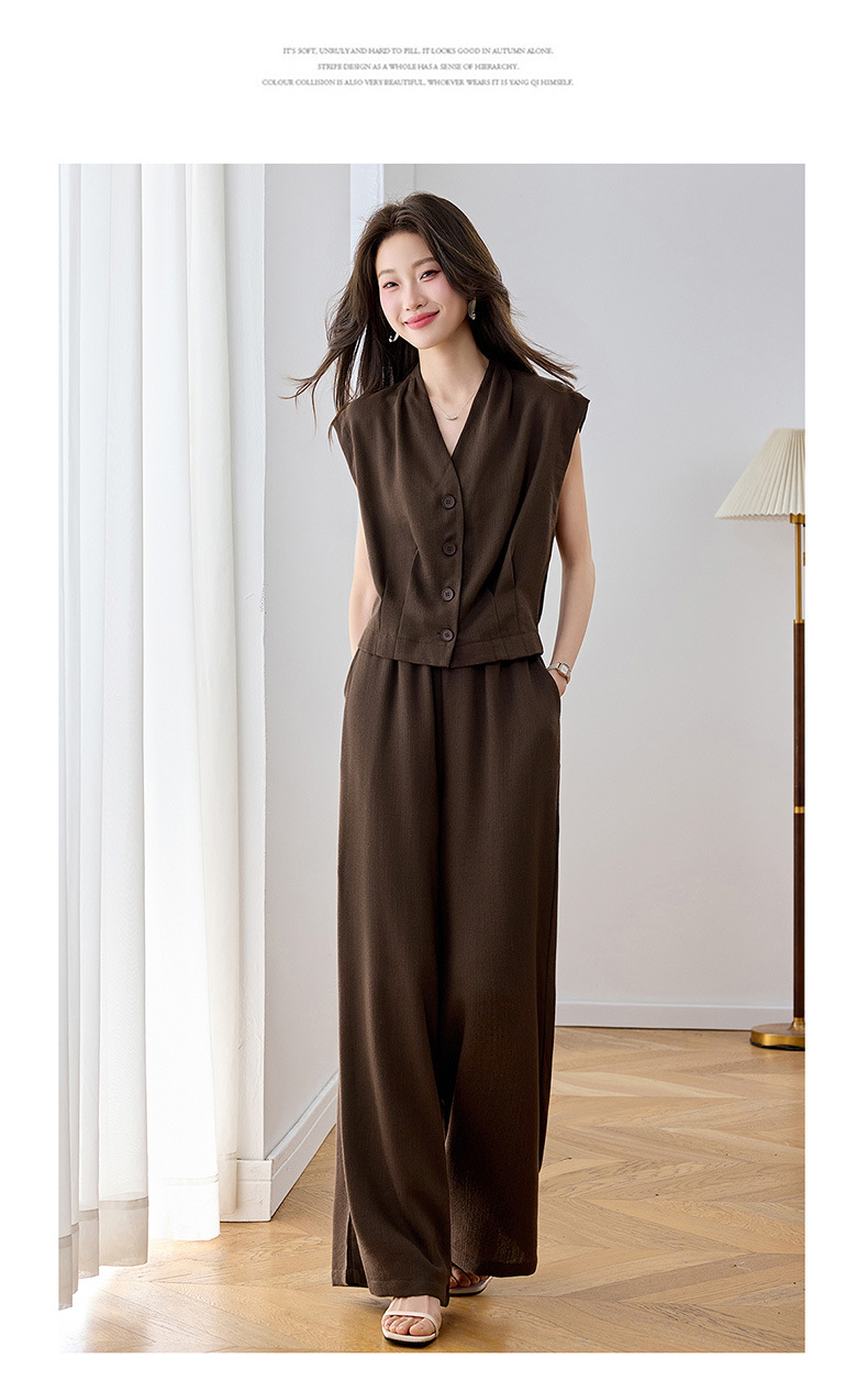 Bộ vest nữ hai dây phối quần ống rộng — màu kaki, màu trắng ngà, màu cà phê chi tiết 15