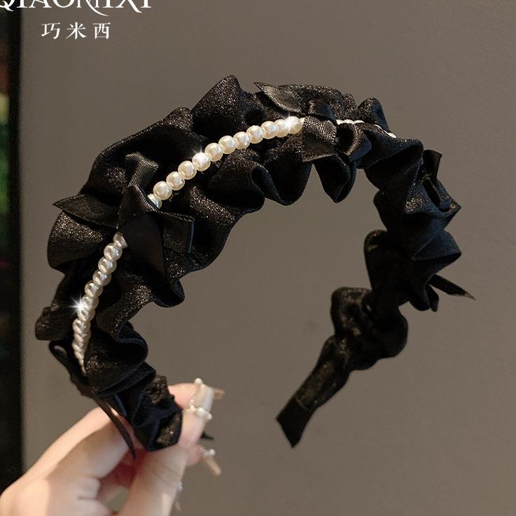 Verano coreano nuevo satén auricular borde perla temperamento dulce alta cráneo craneal tarjeta de cabello simple brazalete de cabeza universal