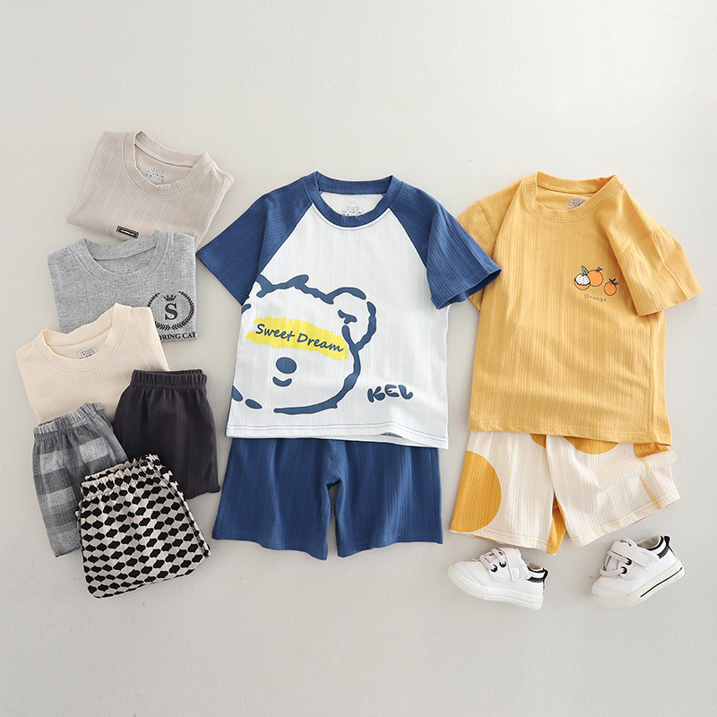 Children's Thin Short-Sleeved Shorts Suit Lycra Ice-Feel Boys' Pajamas Girls' Middle and Large Kidsren's Home Clothes Family Wear