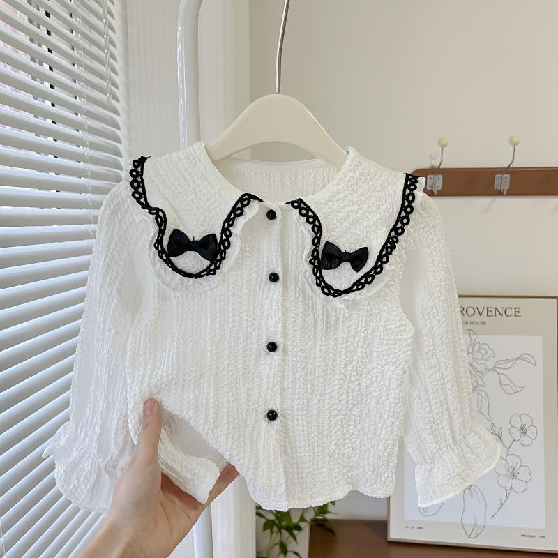 Camisa para niñas 2022 Primavera y otoño Nuevo estilo coreano solapa cuello redondo color sólido bordado color sólido estilo occidental manga larga camisa para niños