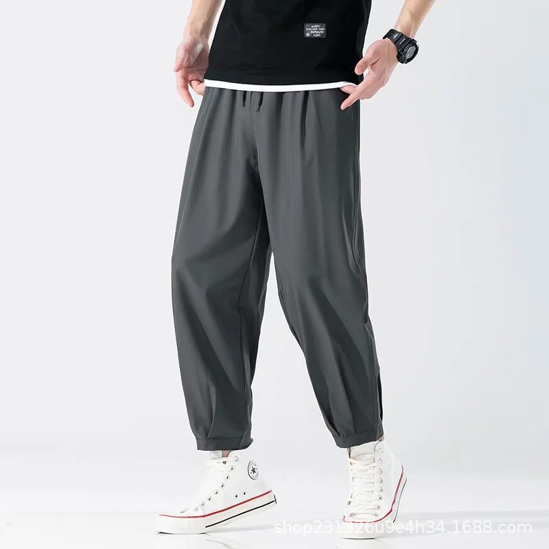 Pantalones casuales de seda de hielo de verano para hombres pantalones sueltos más tamaño noveno pantalones gordos deportes pantalones ultrafinos pantalones de hombre