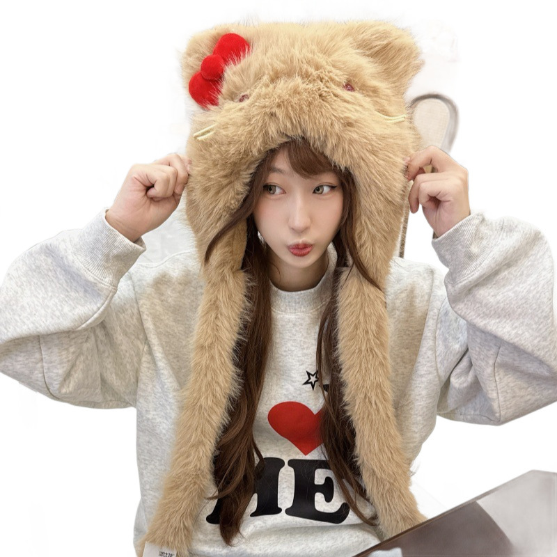 2025新款女冬季毛绒帽子韩系凯蒂猫蝴蝶结帽子可爱时尚保暖毛绒帽|undefined