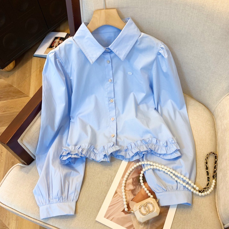 Real shot French blue long sleeve shirt women's short design sense niche high-end top lace hem