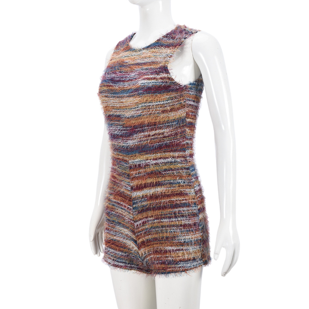 Women Clothing Sleeveless Tight Sexy Color Block Hollow Out Cutout Yarn Dyed Fluff Jumpsuit