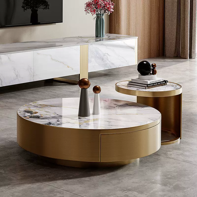 现代轻奢岩板茶几电视柜组合客厅小户型现代简约带抽大小圆形茶几
