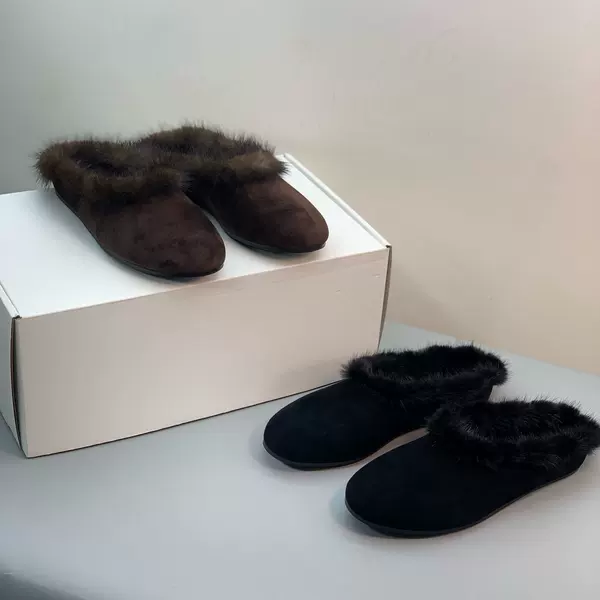 Original foreign trade genuine leather fur-lined mule slippers for women, flat-soled, warm, versatile, casual outdoor wear