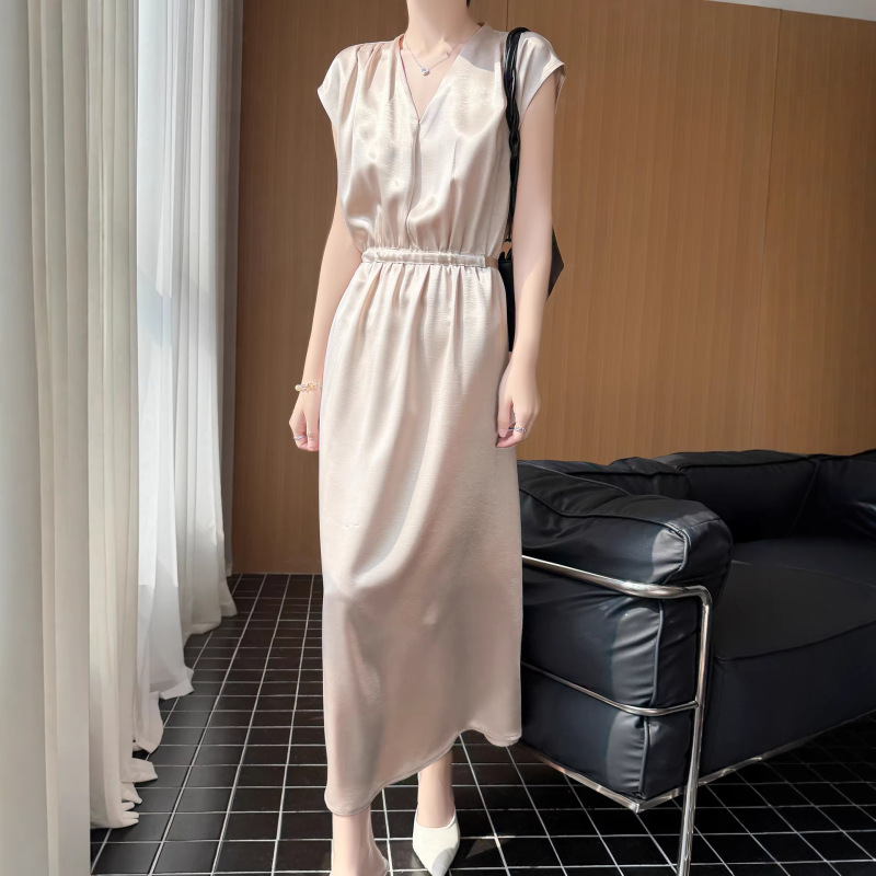 2026 Spring and Summer New Style Silky Satin V-Neck Dress for Women Sleeveless High-Waisted Drawstring Solid Color Draped Mid-Length Skirt