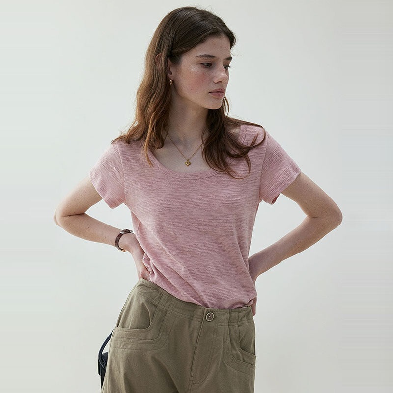 180g 65% Polyester 35% Cotton】Korean Style Versatile Simple U-Neck Casual Short-Sleeved T-Shirt for Women, Summer Relaxed Loose Top