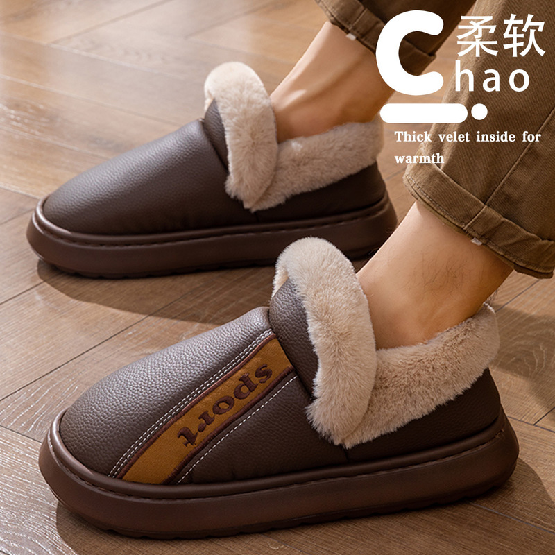 Elderly Waterproof Cotton Slippers for Men Winter 2025 New Indoor Home Non-Slip Fleece-Lined Large Size Warm Cotton Shoes for Men
