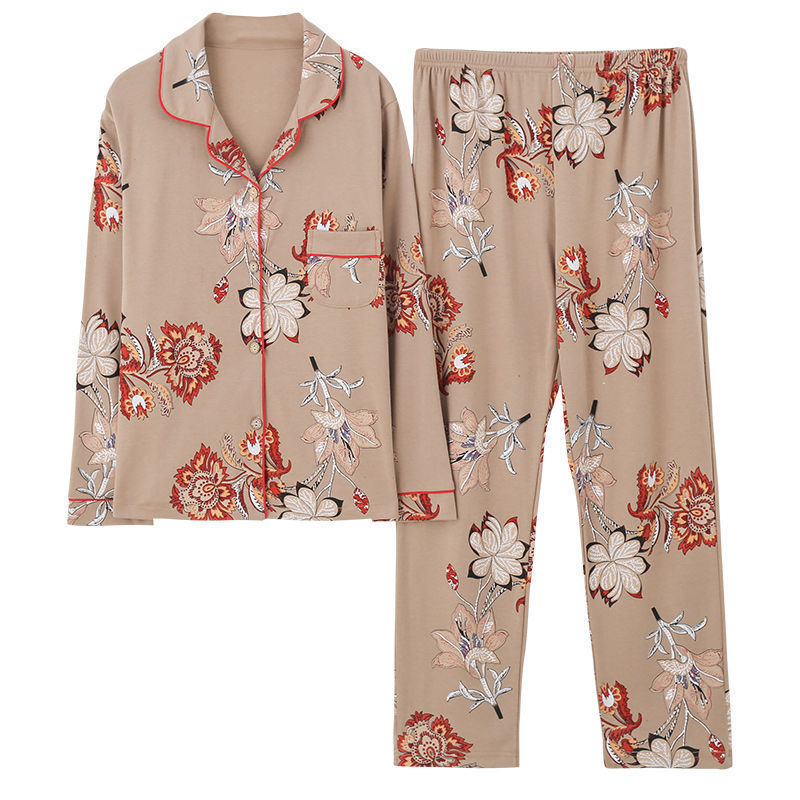 Pijama de algodón 100% de primavera y otoño de las mujeres de manga larga de mediana edad mamá cardigan más tamaño de mediana edad y ancianos traje de desgaste para el hogar