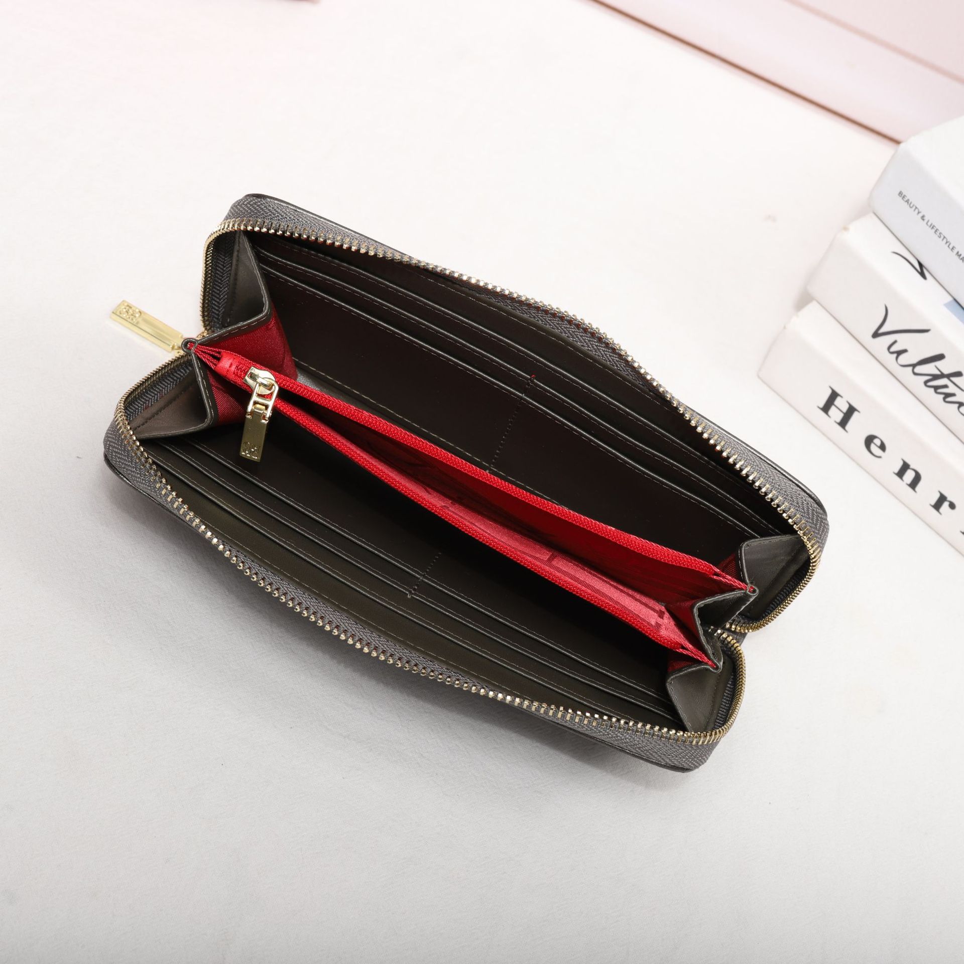 CHHC nuevo bolso 2025 moda femenina billetera con cremallera clásica textura real bolso largo unisex