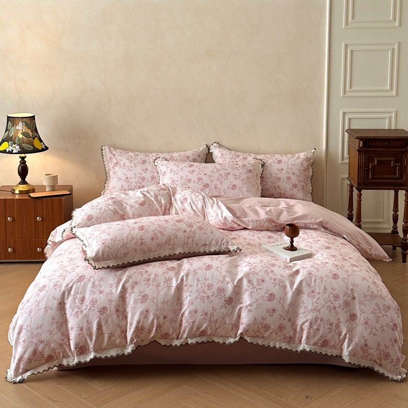 Nordic French Vintage Boho Class A 100% Pure Cotton Brushed French Vintage Lace Style Four-piece With Printed Duvet Cover And Bed Sheet 3-piece Set_voghion.com
