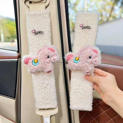 Wool, Non-Tightening, Non-Shedding, Extended Belt Covers — Seat belt shoulder pad - pink-plush-pony-white-lambswool-shoulder-pads-30cm-pair