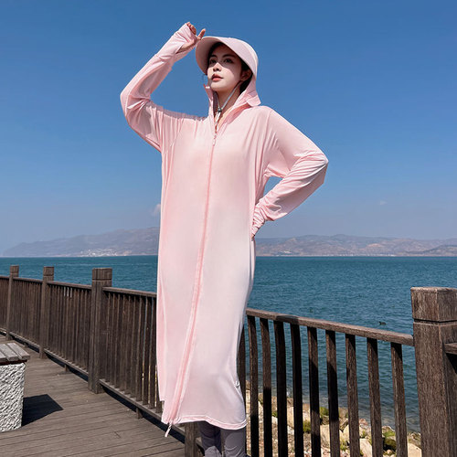 Full body sun protection ice silk sun protection clothing for women 2024 summer new hooded long knee-length breathable sun protection clothing thin coat