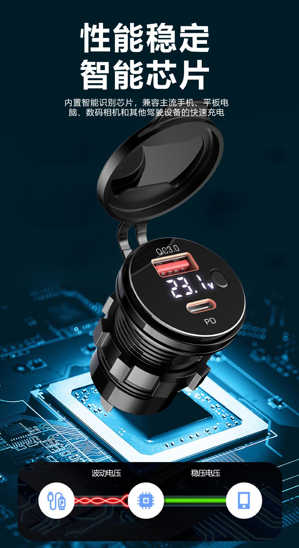 Cross-Border New Product Motorcycle Mobile Phone Charger Pd+Qc3.0 Modified Car Charger with Digital Display in Stock