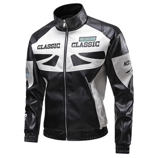 2024 New Autumn and Winter Men's Leather Motorcycle Pu Leather Jacket Slim Sleeve Embroidered Motorcycle Cycling Clothing Trend
