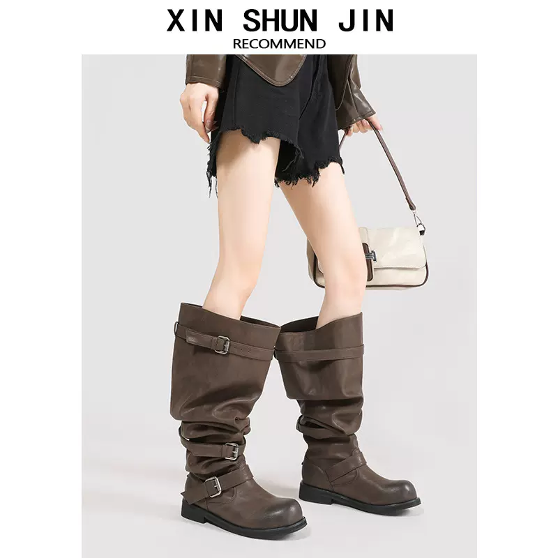 2025新款韩版宽筒软皮靴子厚底高筒靴女堆堆长靴粗跟长筒靴骑士靴