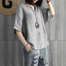 色织亚麻条纹衬衫 2024夏季新款 文艺复古套头显瘦V领上衣女