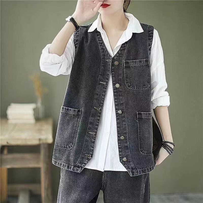Single-Breasted Denim Vest for Women, Loose Fit, 2026 Spring/Summer, Plus Size, Outerwear Vest Jacket