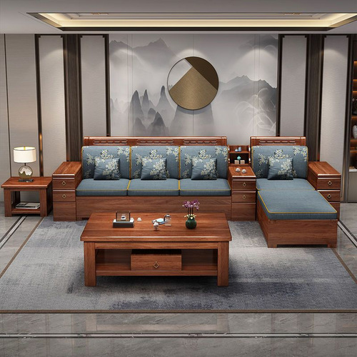 Walnut solid wood sofa living room combination home modern solid wood new Chinese style large and small apartment drawer storage sofa