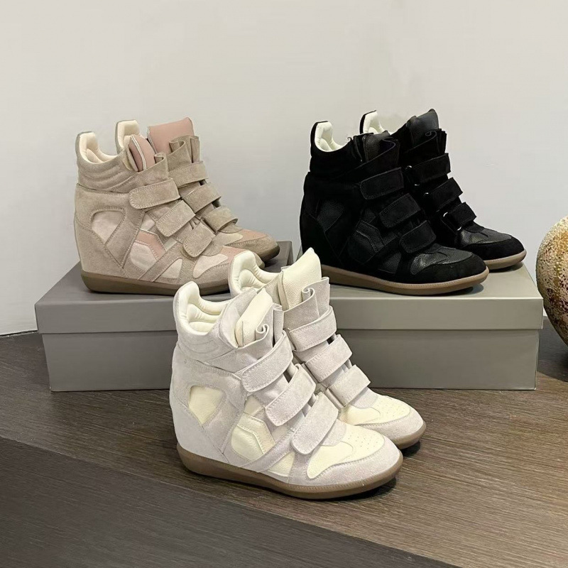 2025 Autumn Velcro Invisible Height Increasing Women's Shoes 8cm Wedge Color Block Sports Casual Shoes Genuine Leather High-Top Shoes