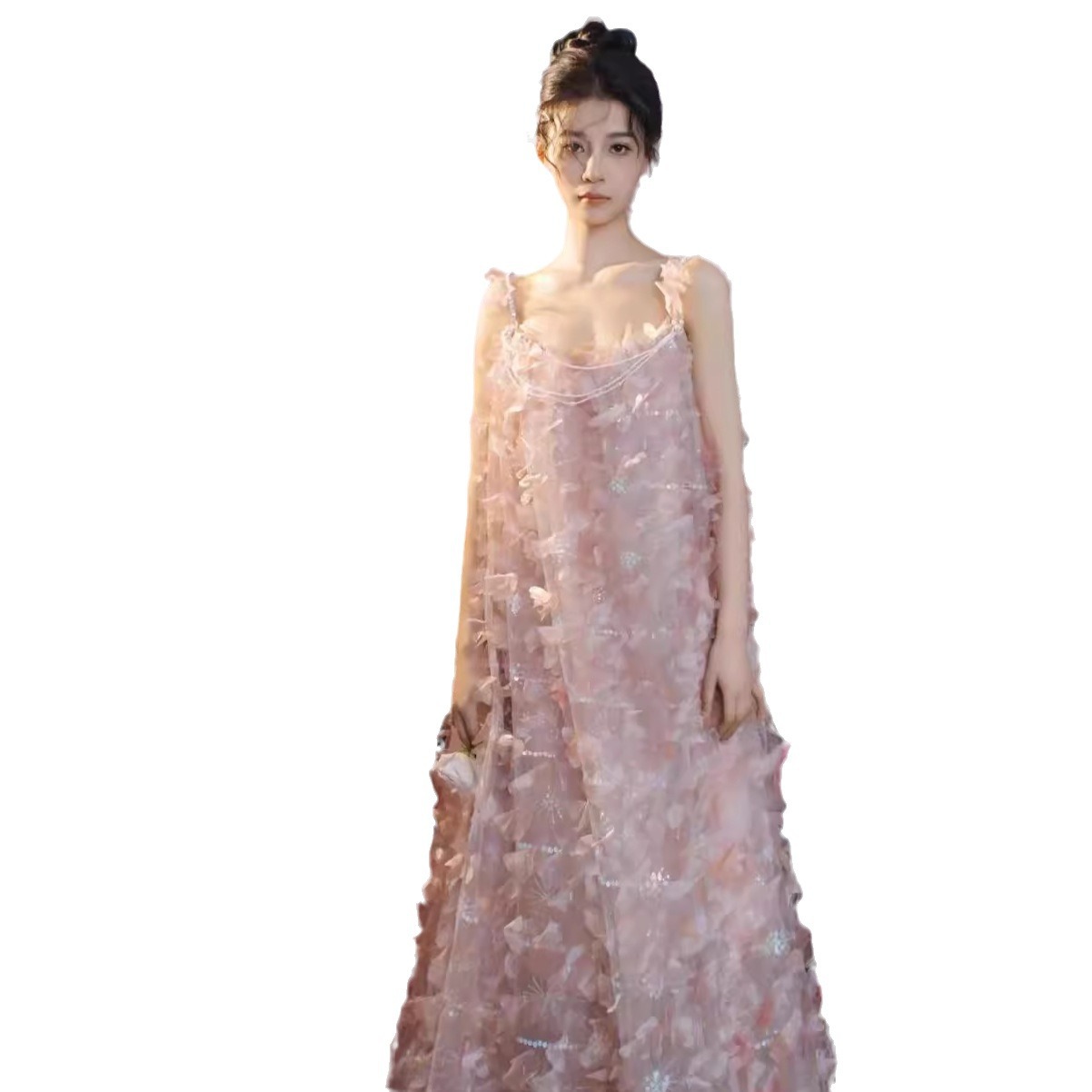Nuevo vestido chino de túnica de la mañana 2025 nuevo vestido de novia de hadas gazel rosa color caramelo vestido de compromiso