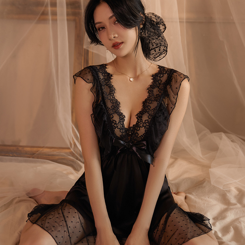 Puro deseo estilo de encaje pijamas de las mujeres del verano de malla delgada Correa Camisón con cuello en V de alto grado desgaste en el hogar tentación emocional