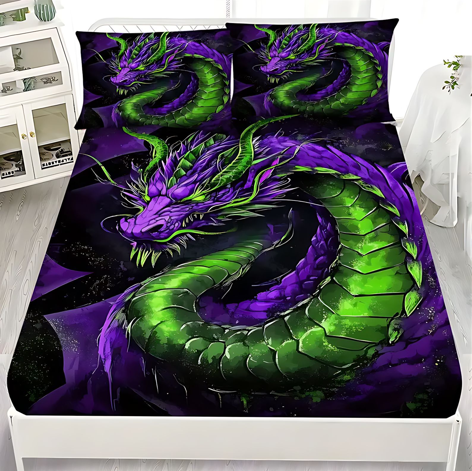 TEMU / JIT multicolor cool dragón de impresión digital 3D cama de cama de cama kit de almohada exclusivo a través de la frontera