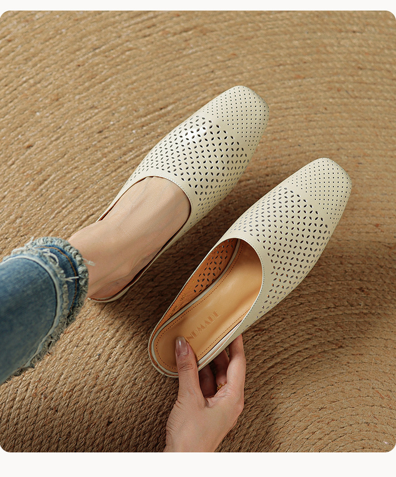Giày mule nữ da bò mũi vuông đế bệt hở gót kiểu mới — đen chi tiết 8