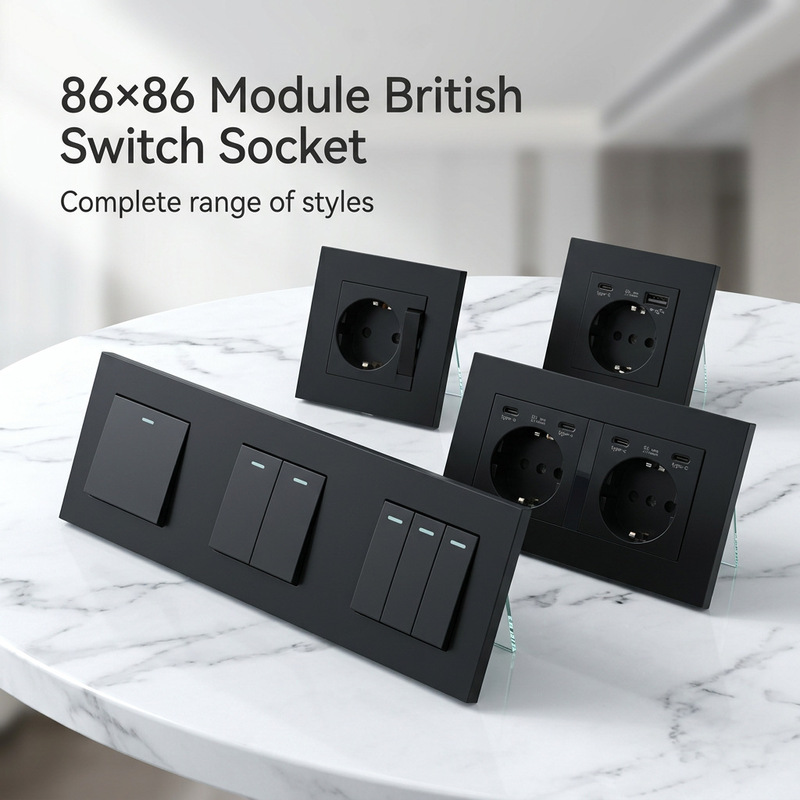 86-type modular British-style wall switch and socket with black PC panel, UK standard, European standard, universal with USB-C, German standard 86-type modular British-style wall switch and socket with black PC panel, UK standard, European standard, universal with USB-C, German standard