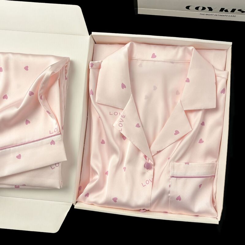 High-Quality Ice Silk Women's Pajamas, Long-Sleeved, Heart-Printed Set, Silky, Soft, and Sweet Loungewear High-Quality Ice Silk Women's Pajamas, Long-Sleeved, Heart-Printed Set, Silky, Soft, and Sweet Loungewear