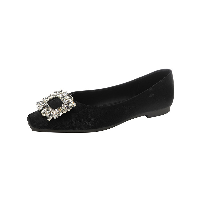 Single Shoe Women's 2024 New French Style Water Diamond Square Buckle Flat Bottom Shoes