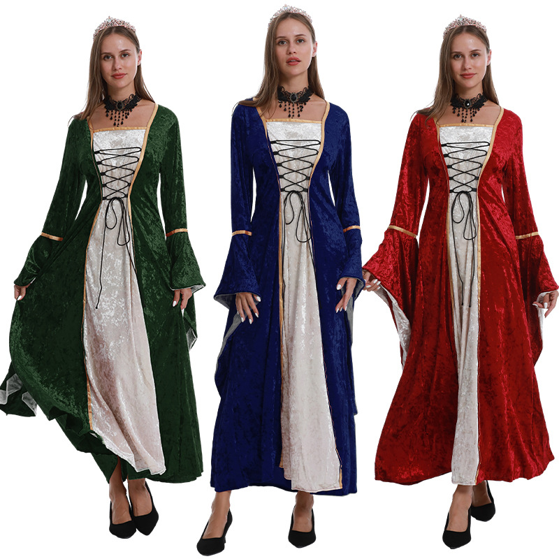 European and American Women's Medieval Clothing Palace Queen Dress Long-Sleeved Strappy Waist Dress Stage Performance Clothing Women's Clothing