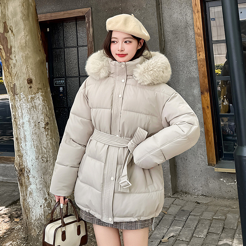 冬季设计感加厚系带连帽中长款棉衣女2025新款时尚保暖宽松上衣