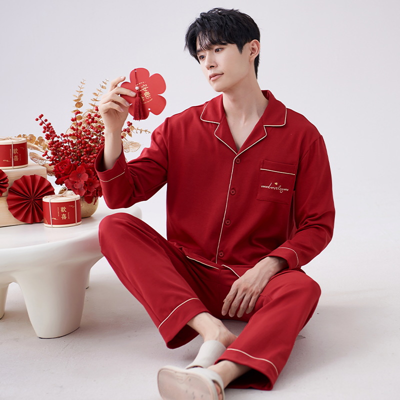 Pijamas primavera y otoño de los hombres de la boda festiva de algodón de manga larga ropa para el hogar año de nacimiento de los hombres rojos grandes más traje de tamaño