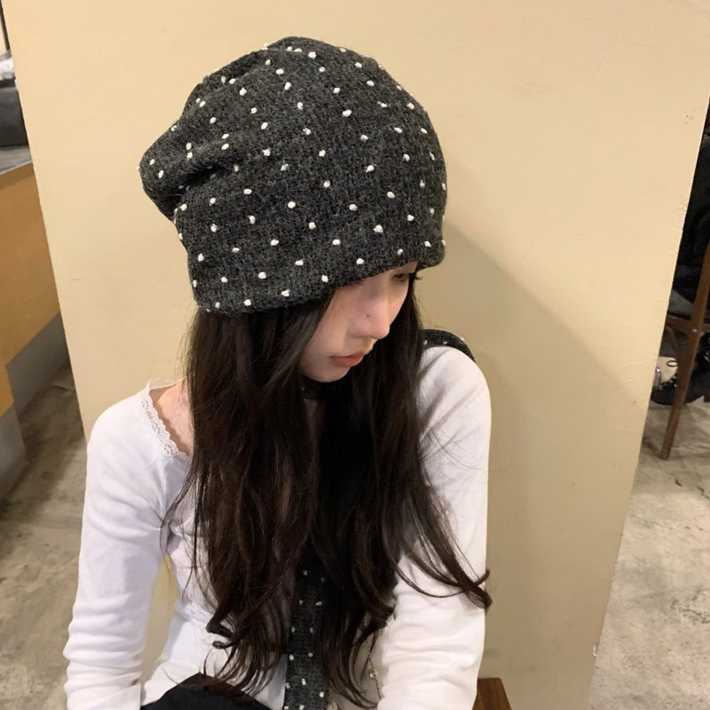 韩系博主慵懒风波点冷帽窄版围脖保暖显脸小针织帽毛线帽堆堆帽女|undefined
