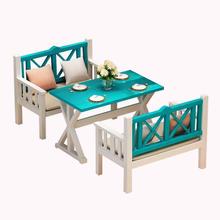 地中海實木桌椅彩色復古餐桌酒吧西餐廳快餐長方形奶茶店桌椅組合