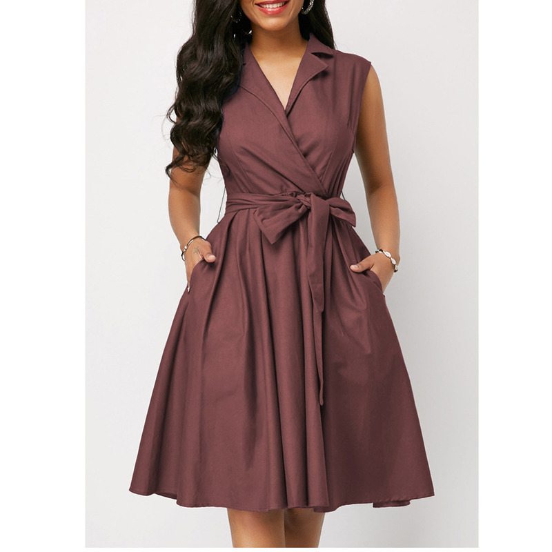 Cross-border European and American foreign trade women's dress solid color waist sleeveless lapel POLO collar lace-up long dress women's clothing