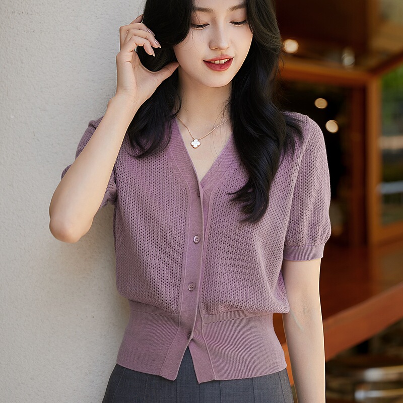 Absolutely Purple Knitted|Cotton Mugwort Fiber Lightweight Cut Out Short-Sleeved Knitted Ice-Feel Cardigan for Women Absolutely Purple Knitted|Cotton Mugwort Fiber Lightweight Cut Out Short-Sleeved Knitted Ice-Feel Cardigan for Women