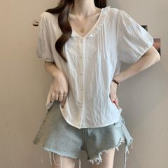 大码设计感花边正肩V领褶短袖皱衬衣女夏季新款胖MM宽松显瘦上衣