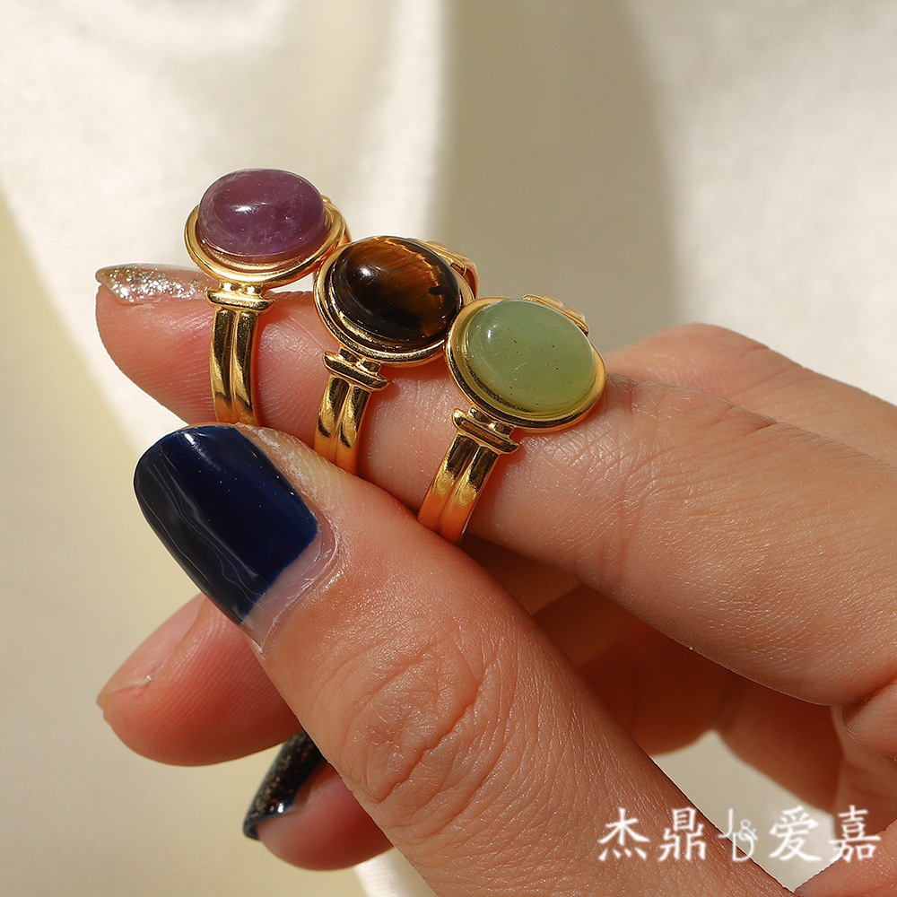 Ojo de tigre oval del oro europeo y americano del anillo 18K de la celebridad de Internet del INS/anillo abierto de la piedra semipreciosa verde/púrpura para las mujeres image 2