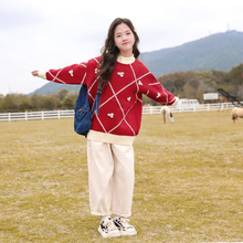 女童冬季毛衣2023新款儿童秋冬女孩红色中大童加绒加厚打底衫上衣