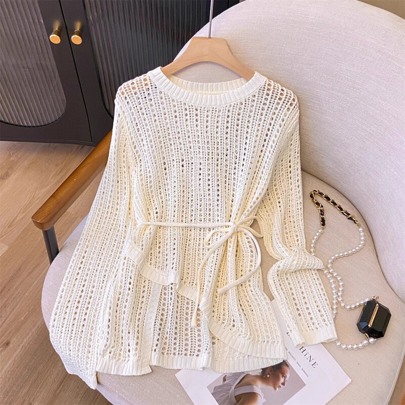 Ice Silk Thin Loose Hollow Sweater Women's Summer Lazy Style Mid-length Bohemian Blouse Top