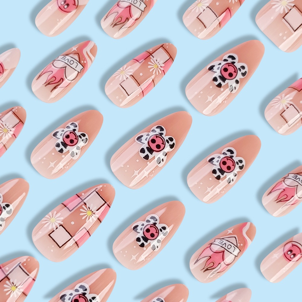 Comercio extranjero venta caliente de dibujos animados sol sonriente parche de uñas amor llama manicura falsa uñas