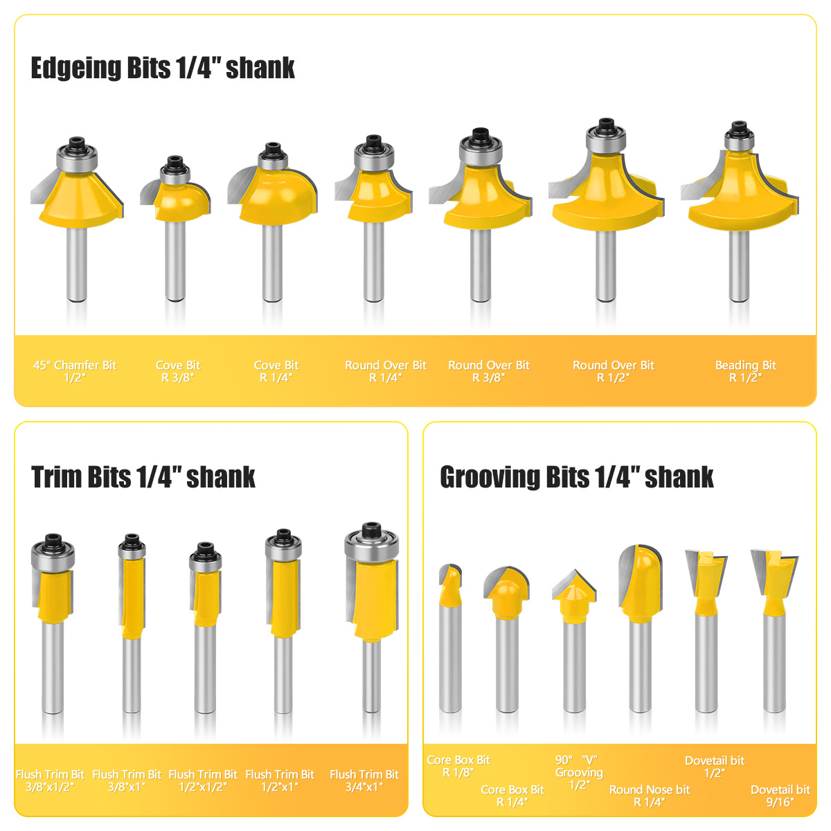 35-piece set, 24-piece set, 50-piece woodworking milling cutter set, 1/4 handle, 1/2 handle trimmer engraving machine tungsten steel cutter head