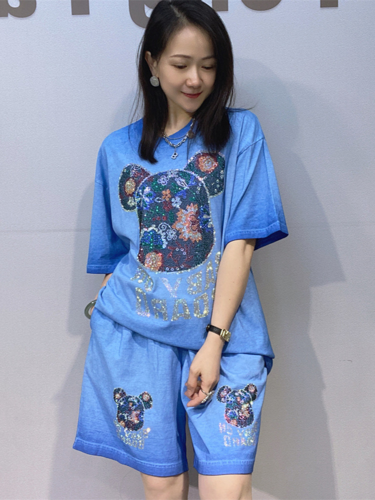 Europa y los Estados Unidos de comercio exterior de verano nuevo color gradiente pantalones cortos de manga corta juego casual camiseta de diamante caliente grande dos piezas